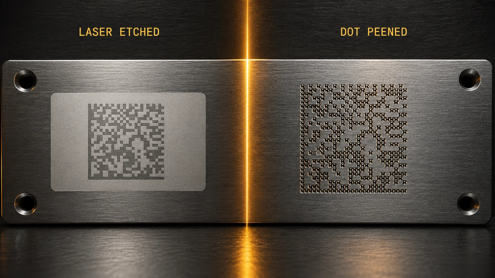 Laser-etched and dot-peened Data Matrix codes direct part marked onto metal components